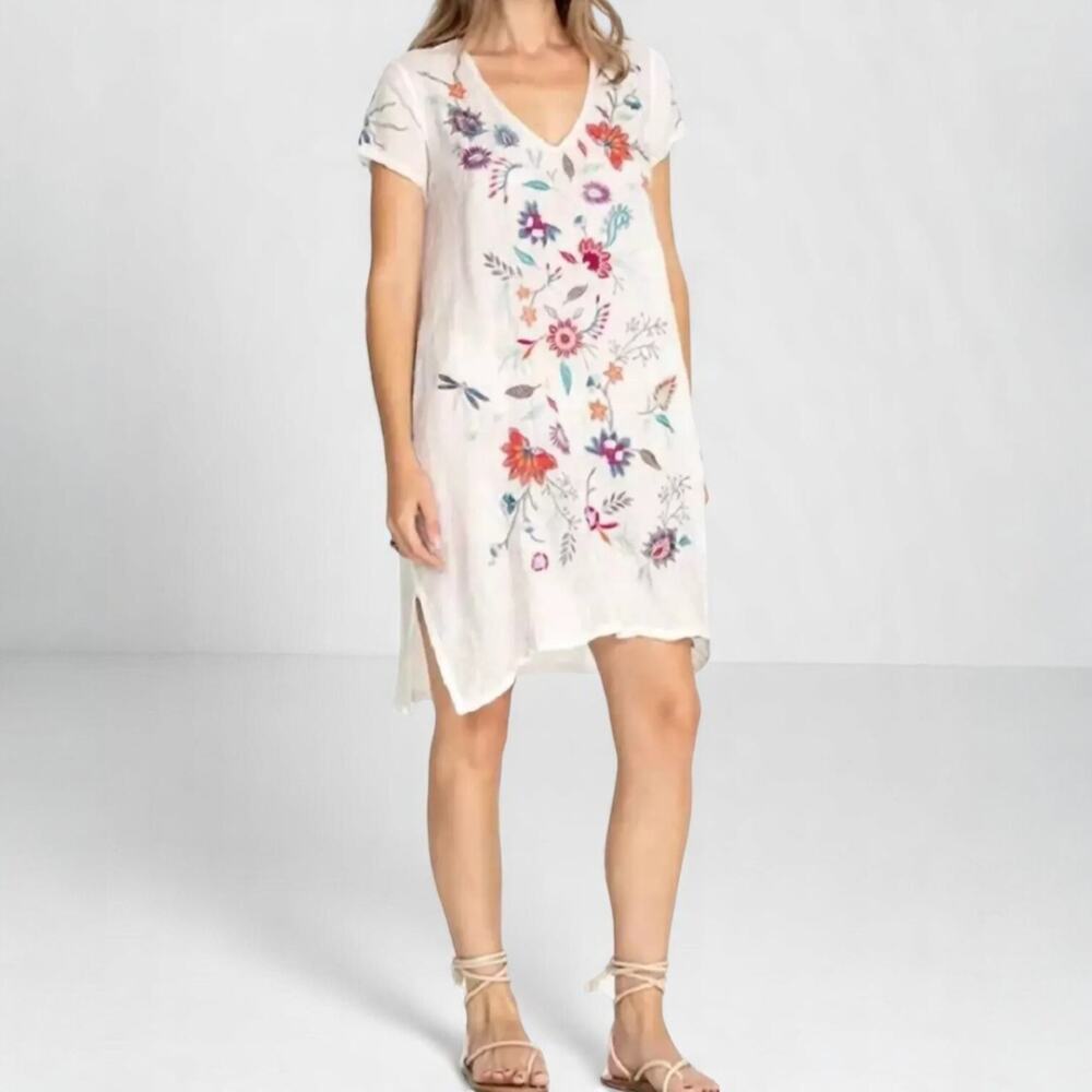 Johnny Was Phoebe Drape White Beach Dress Cover Up Embroidered Floral XXS NWT